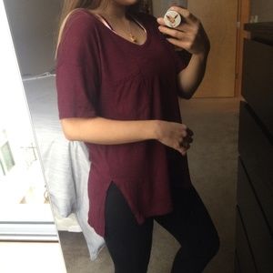 Burgundy Wine Red Lightweight Knit Layering Top With Side Slits